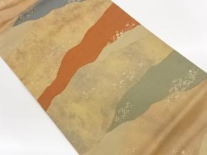 長谷川織物製　引箔草花に小鳥・変わり道長取模様織出し開き名古屋帯（額縁仕立て）